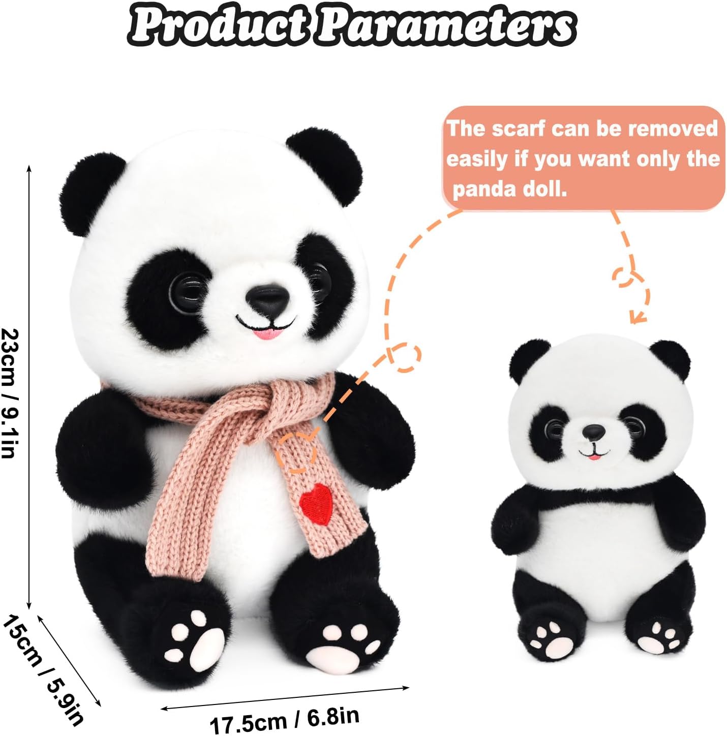 9.8'' Panda Dolls with Love Heart Scarf, Soft Stuffed Plush Animal