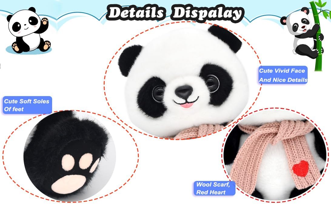 9.8'' Panda Dolls with Love Heart Scarf, Soft Stuffed Plush Animal
