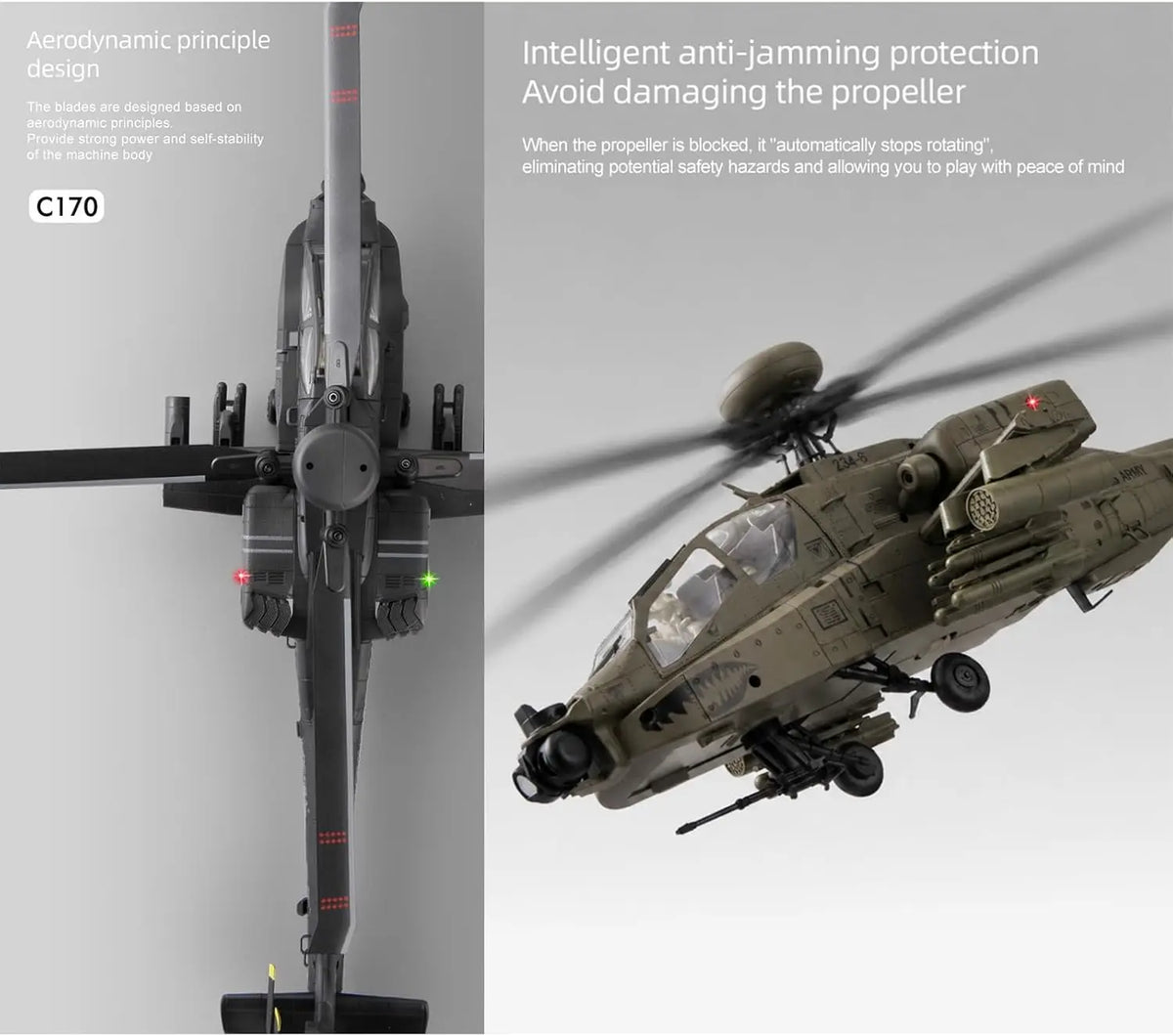 C170 AH-64D Remote Control Helicopter – 1/48 Scale Brushless Motor for Adults