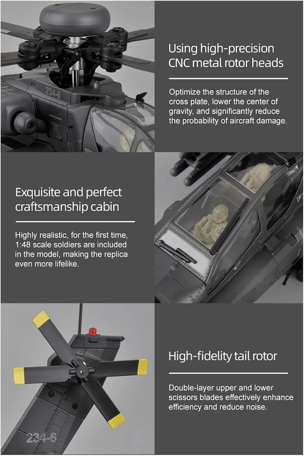 C170 AH-64D Remote Control Helicopter – 1/48 Scale Brushless Motor for Adults